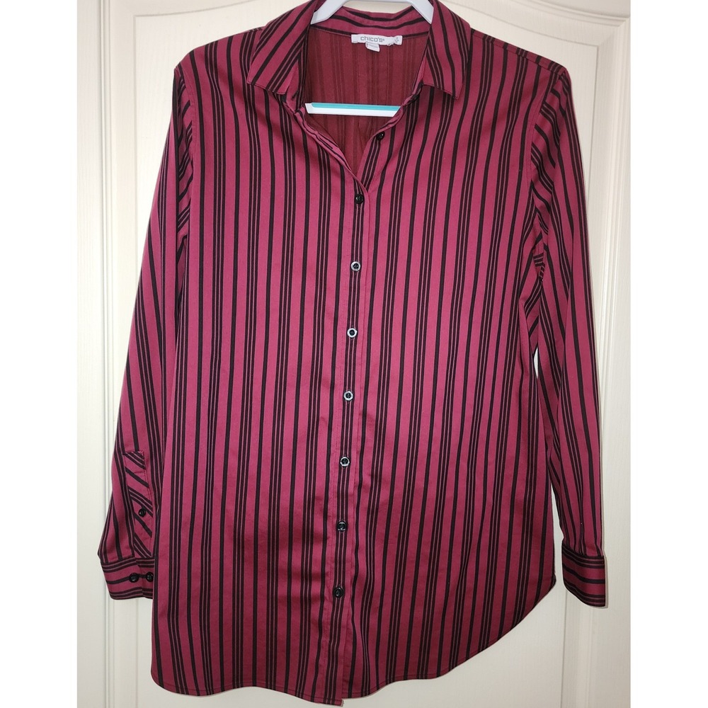 Chicos Womens Burgundy Black Striped Button Down Shirt Long Sleeve Size 2 Large
